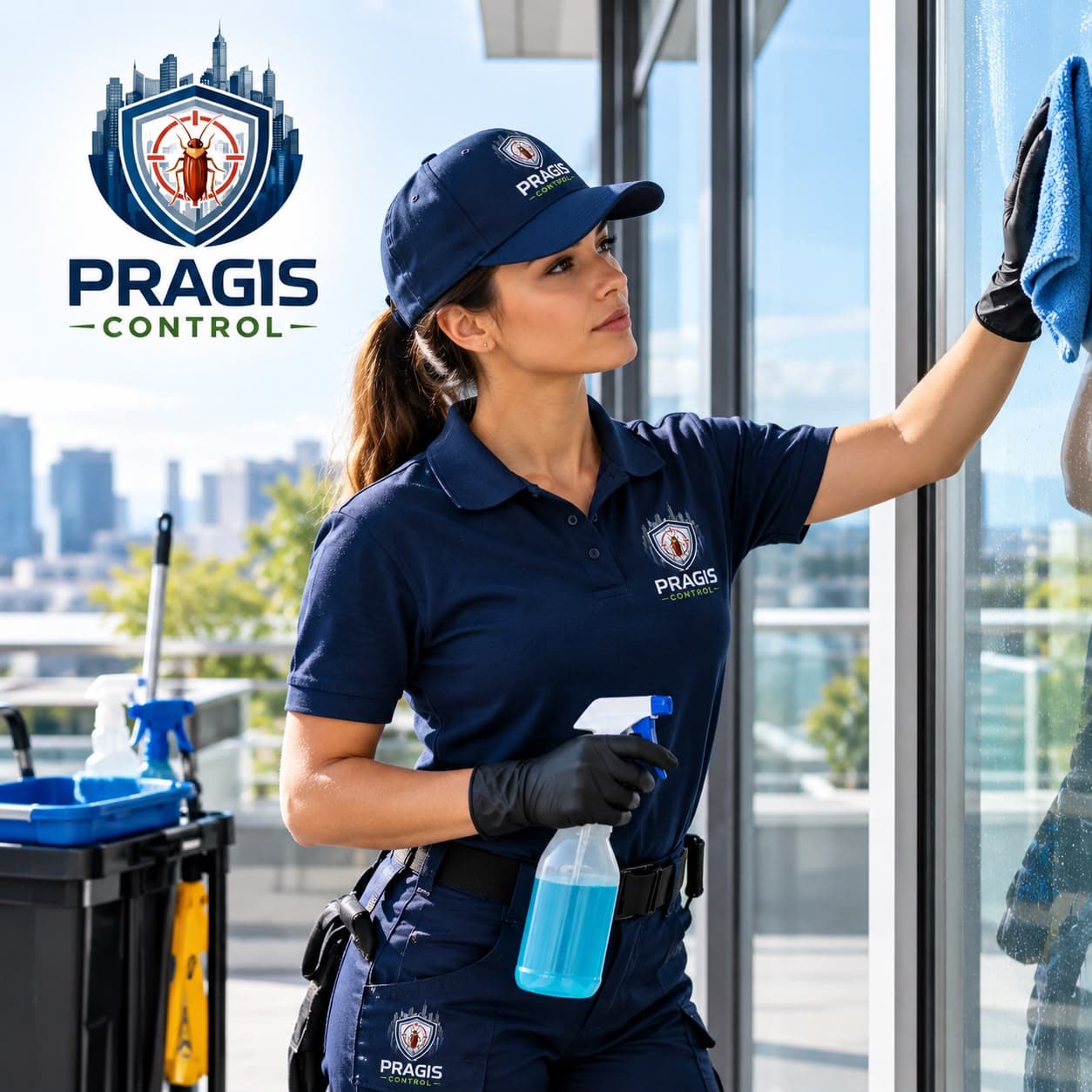 Profissional da Pragis Control a limpar um vidro